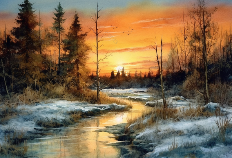 冬天下完雪的森林中黄昏下梦幻河流童话场景,插画/手绘图,插画/手绘图库,插画/手绘图下载,插画/手绘